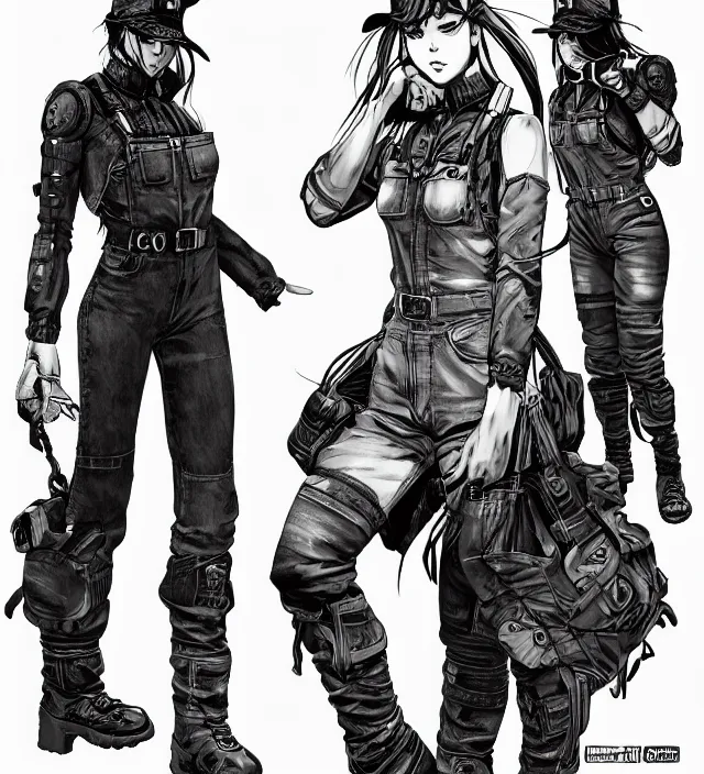 Image similar to full body pose, hd, manga anime portrait of a beautiful woman in combat boots and overalls, in ishikawa ken frank miller jim lee alex ross style detailed trending award winning on flickr artstation,