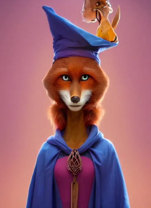 Image similar to an anthropomorphic beautiful female wizard portrait made of fox holding a staff wearing colourful robe, fine art, award winning, intricate, elegant, sharp focus, octane render, hyperrealistic, cinematic lighting, highly detailed, digital painting, 8 k concept art, art by jamie hewlett and z. w. gu, masterpiece, trending on artstation, 8 k