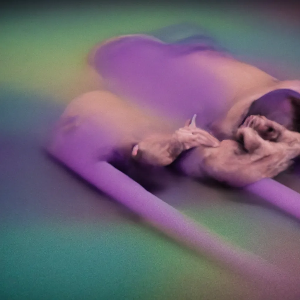 Image similar to cinestill close - up of iridiscent oil slick corpses connected by tubes to wax technical forms to a buried baby relaxing on yoga mat, faded, iridiscent gradient, purple fog, depth of field, blur, very detailed, by nadav kander and hans bellmer, 8 k, ultrarealistic, sad atmosphere, cinematic, 8 5 mm lens