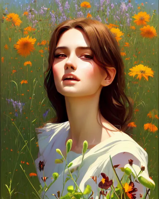 Prompt: stylized portrait of an artistic pose, composition, young lady sorrounded by nature, meadow, flowers, realistic shaded, fine details, realistic shaded lighting poster by ilya kuvshinov, magali villeneuve, artgerm, jeremy lipkin and michael garmash and rob rey