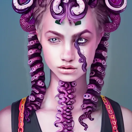 Prompt: artstation furious young teen with purple eyes and pink tentacles on her head , very detailed, in glass town, portrait, ultra realistic intricate clothes