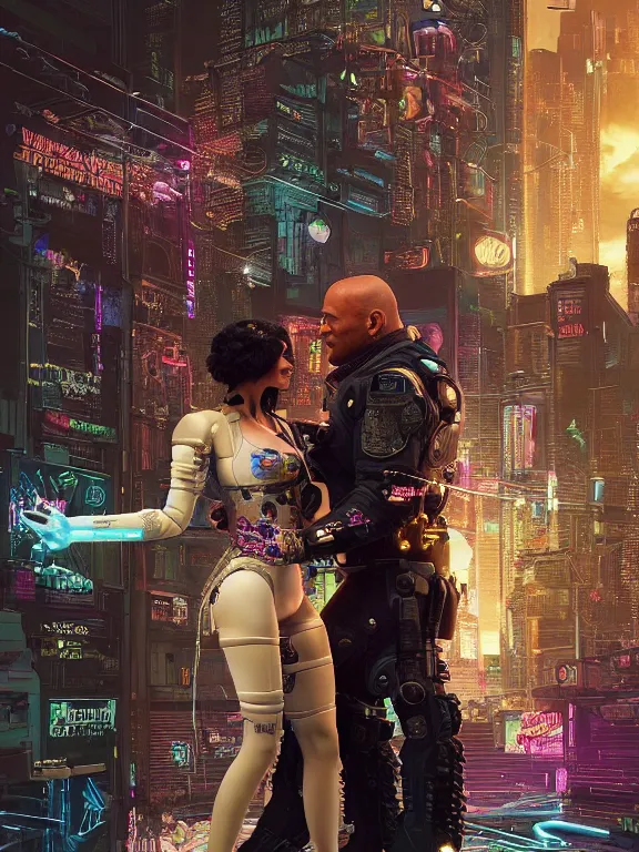 Image similar to a cyberpunk 2077 wedding portrait of Dwayne Johnson and a female android,complex mess of cables and wires behind them connected to giant computer, love,film lighting, by laurie greasley,Lawrence Alma-Tadema,William Morris,Dan Mumford, trending on atrstation, full of color, highly detailed,8K, octane,golden ratio,cinematic lighting