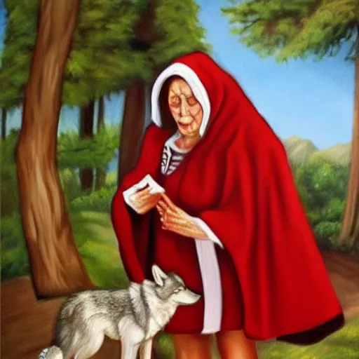 Image similar to A realistic painting of the wolf dressed as grandmother in Little Red Riding Hood