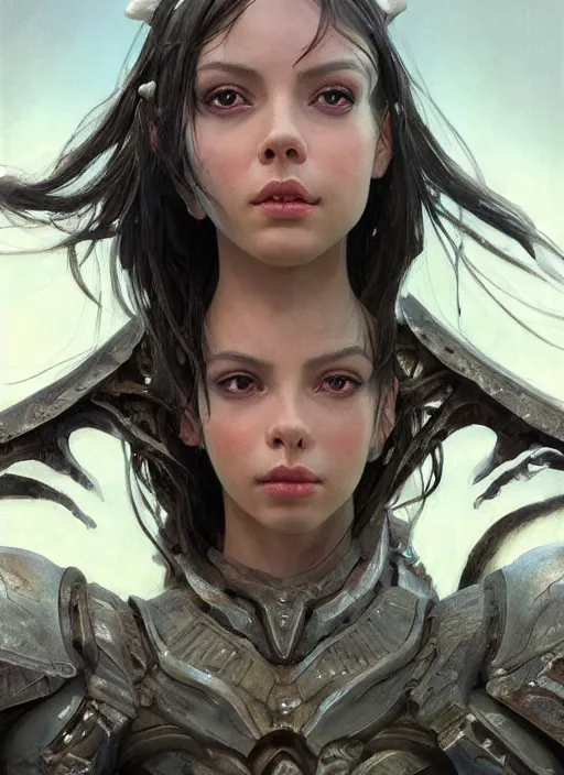 Image similar to a professional painting of a beautiful young female alien, clothed in ethereal armor, olive skin, long dark hair, beautiful bone structure, symmetrical facial features, intricate, elegant, digital painting, concept art, smooth, sharp focus, illustration, from Valerian and the City of a Thousand Planets, by Ruan Jia and Mandy Jurgens and Artgerm and William-Adolphe Bouguerea