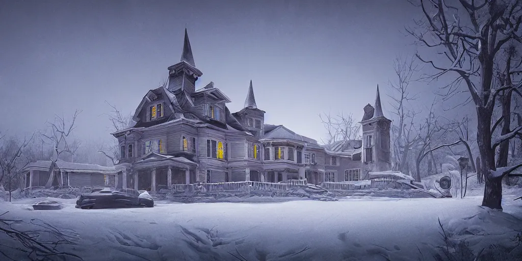 Prompt: haunted mansion on a snowy hill by simon stalenhag, matte painting
