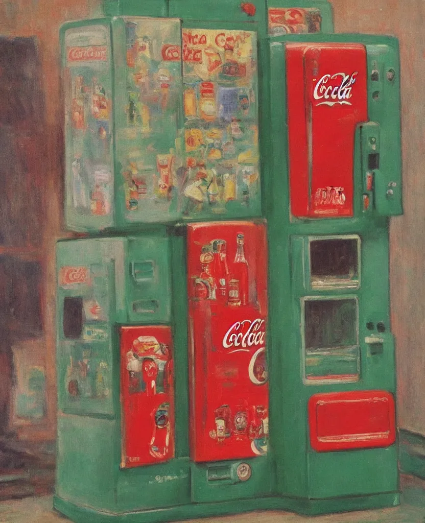 Prompt: achingly beautiful oil painting of 1 9 4 0 s coca - cola vending machine by monet, hopper, and magritte. centered.