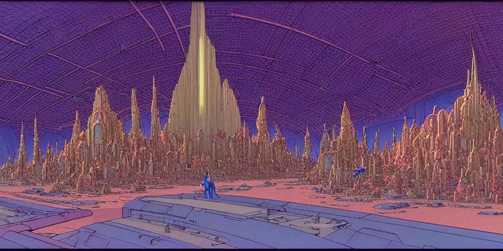 Prompt: cel shaded cinematic shot, matte illustration, the interior of a sci - fi space station with ornate elven architecture bustling with people, epic castle, emerald, crystalline, detailed illustration, sharp focus, crisp lines, art by moebius, jean giraud moebius comic illustration