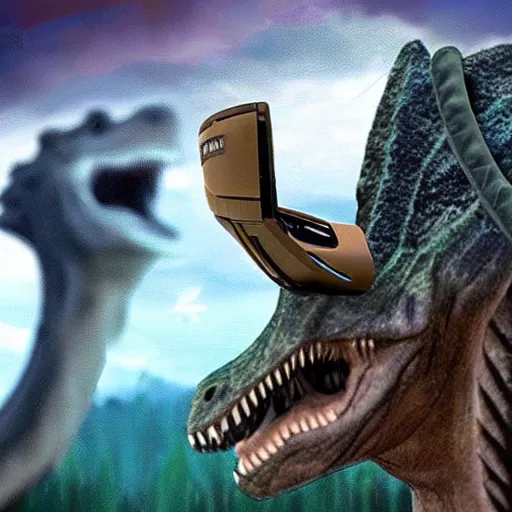 Prompt: Low quality Photograph of a Dinosaur wearing a VR headset