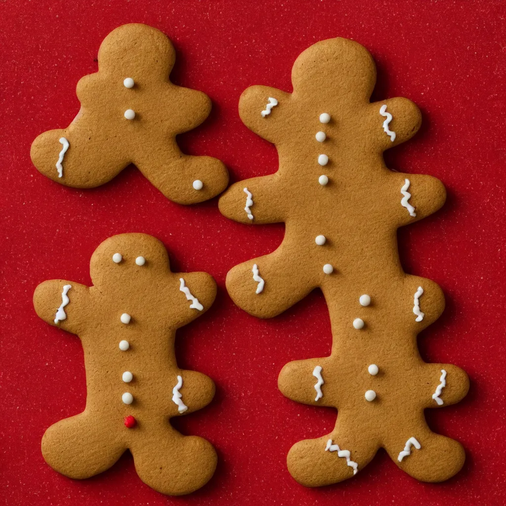 Image similar to top-down view of a cute gingerbread man on top of a red surface, 8k, high detail, photorealistic, proper shading