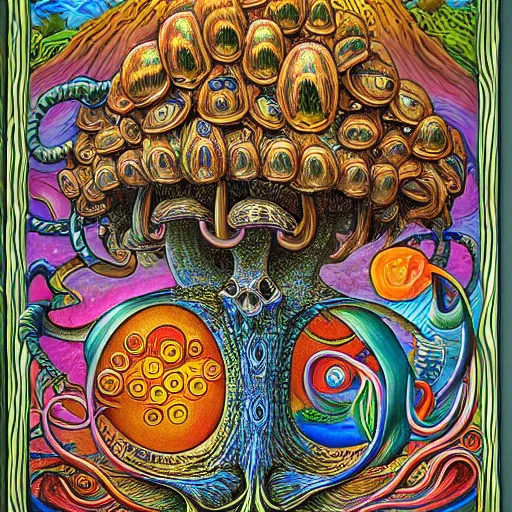 Image similar to mushroom of life painting by aaron brooks, chris dyer, android jones, and alex grey, highly detailed, high quality, high definition, 8k photo