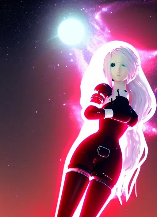 Prompt: Glass statue of a hopeful pretty astronaut lady with a wavy blonde hair, 4k resolution, nier:automata inspired, bravely default inspired, vibrant but dreary but upflifting red, black and white color scheme!!! ((Space nebula background))