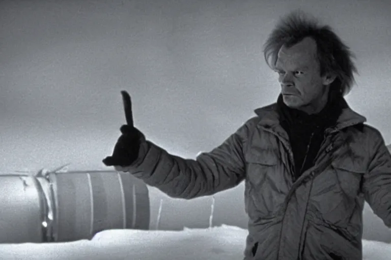 Prompt: Donald Tusk in a still from the movie The Thing (1982) directed by John Carpenter, cold outdoors