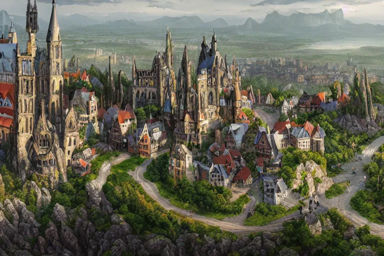 Image similar to an ultra detailed matte landscape painting of an german gothic capital city built into the side of a mountain with many tall spirally towers, sweeping vista, tiny coastal fishing village very far away, ultrawide lens, aerial photography, 8 k, volumetric lighting, smooth, highly detailed, digital illustration, art by greg rutkowski and akira toriyama and artgerm