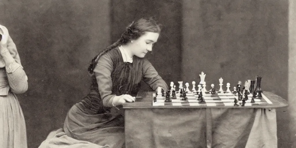 Image similar to a young edwardian woman playing chess against a rabbit