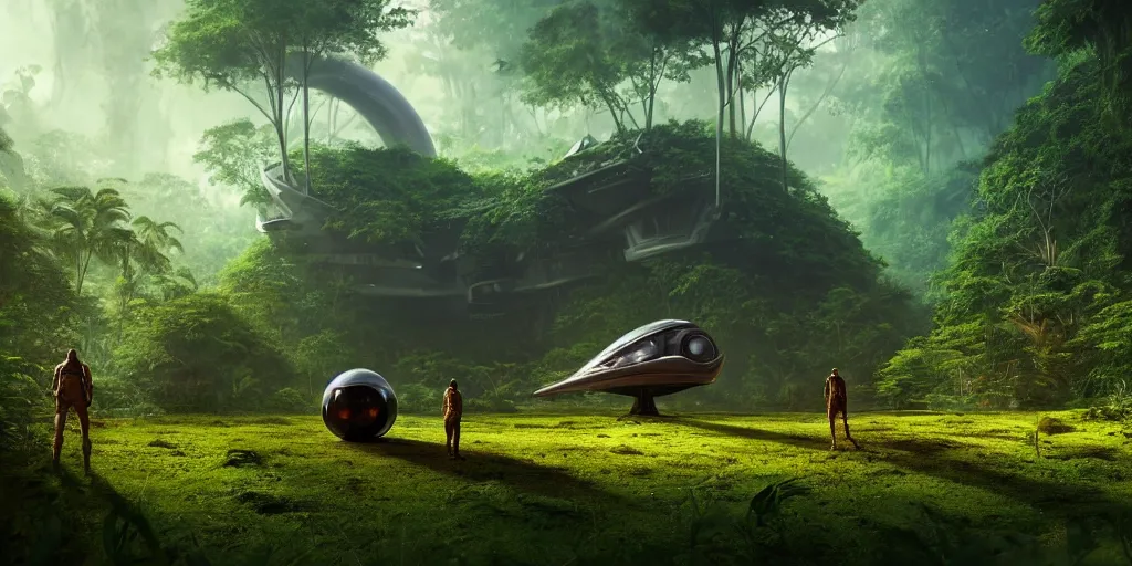 Image similar to a huge futuristic rusty old alien spaceship, next to it a smaller exploration ship on a landing pad, surrounded by a lush jungle, in the foreground two explorers are having a conversation and small animals! are walking around, golden hour, volumetric light, hyperdetailed, artstation, cgsociety, 8k