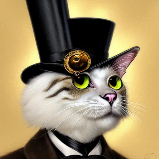 Image similar to close portrait of a fancy cat ( animal ) with a top hat and monocle, vaporwave, highly detailed, digital painting, artstation, concept art, smooth, sharp focus, illustration, art by artgerm and greg rutkowski and alphonse mucha