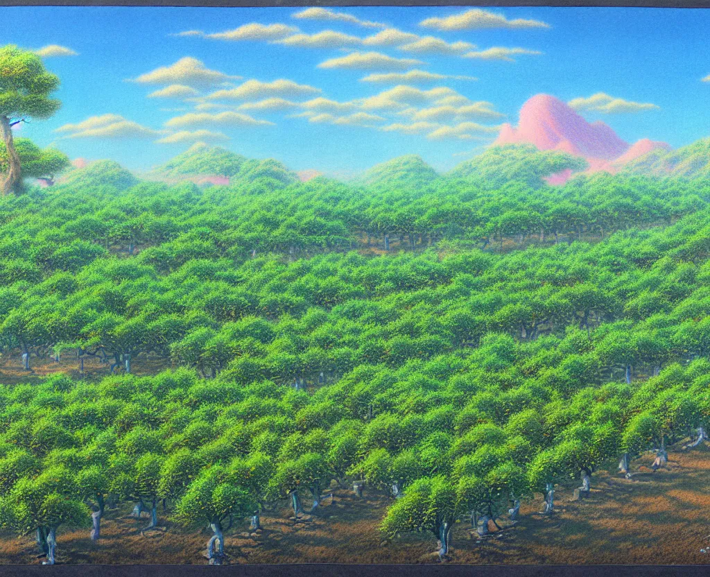 Image similar to a landscape pastel in the style of noriyoshi ohrai and mark tedin of an orchard where all the trees are made of chrome metal. key art. 4 k retrofuturistic fantasy