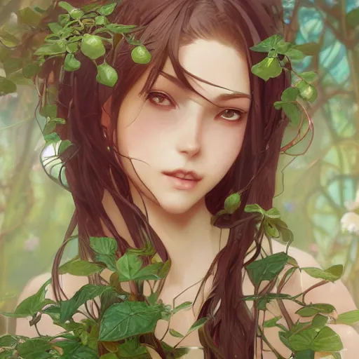 Prompt: An anime young woman plant hybrid, vine and plants and flowers, intricate, digital painting, highly detailed, concept art, Artstation, Cgsociety, Artgerm, Alphonse Mucha, Wlop