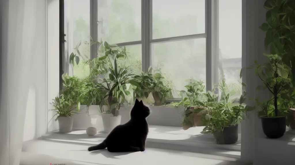 Prompt: beautiful peaceful dreamy painting of a content black cat sitting by a window and looking outside, sunshine coming through the window, small plants on the window sill, 8k, hyper realism, trending on artstation, octane render