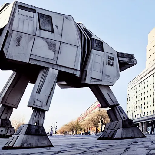 Prompt: an at-at from star wars walking through the streets of berlin, sci-fi movie scene, ultra detailed, 4k