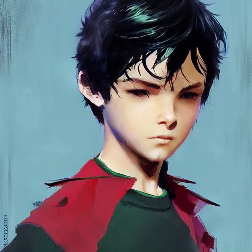 Image similar to a 14 year old teenage boy with spiky black hair and green eyes. Robin. Tim Drake. Damian Wayne. Dc comics. Kuvshinov ilya. Repin. By Craig Mullins