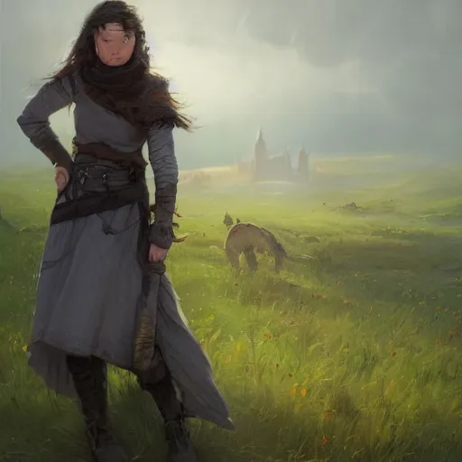 Prompt: a warrior girl with short black hair wearing a gray cloak and boots standing in a meadow with medieval fantasy landscape, digital art, oil on canvas, by andreas rocha, by greg rutkowski, trending on artstation, 4k, vibrant colors