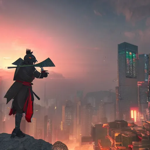 Image similar to a samurai cavalry batallion an abandoned ruined hong kong in the background, very detailed 8 k, neon cyberpunk fantasy style, end of the world, unreal engine render, global illumination, ray tracing, octane render, rtx, path tracing, enhanced, by julian calle, trending on artstation