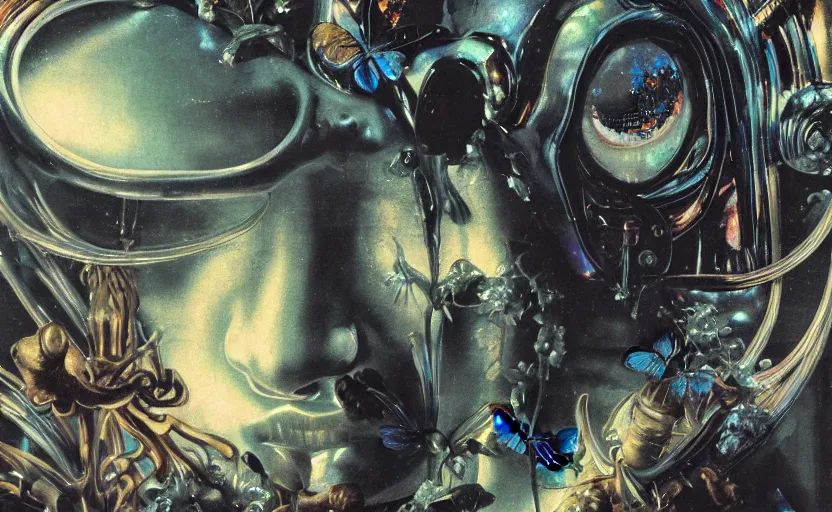 Prompt: baroque neoclassicist close - up portrait of a being with big alien eyes wearing a reflective animal mask, in front of a wet jungle. iridescent silver butterflies. highly detailed science fiction painting by norman rockwell, frank frazetta, and syd mead. rich colors, high contrast, gloomy atmosphere. trending on artstation and behance.