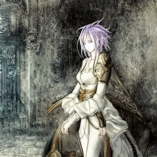 Prompt: yoshitaka amano style blurred and dreamy illustration, renaissance oil portrait, realistic anime girl with white hair and black eyes wearing elden ring style armor with engraving, highly detailed, ruined throne room in the background, strange camera angle, three - quarter view, noisy film grain effect