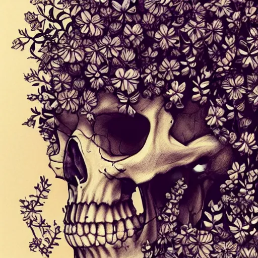 Prompt: Human skull covered in flowering vines, bumblebees and butterflies, ultra detailed, whimsical drawing, trending on Artstation