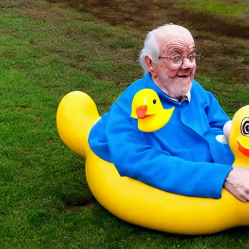 Prompt: old man cosplaying as a rubber duck