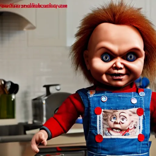 Prompt: chucky the killer doll standing on the kitchen table