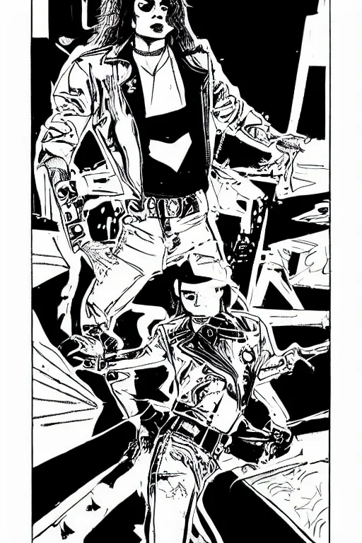 Image similar to michael jackson dancing, a page from cyberpunk 2 0 2 0, style of paolo parente, style of mike jackson, adam smasher, johnny silverhand, 1 9 9 0 s comic book style, white background, ink drawing, black and white