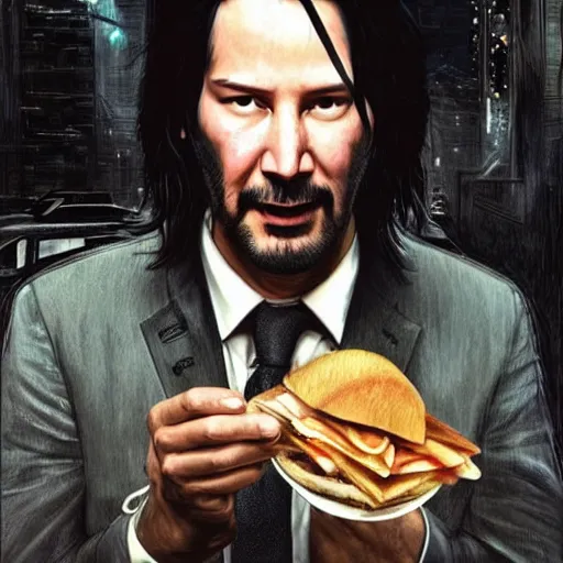 Image similar to keanu reeves eating a sandwich as a quirky cyberpunk wizzard, dark-hair, intricate, elegant, highly detailed, smooth, sharp focus, detailed face, high contrast, dramatic lighting, graphic novel, art by Ardian Syaf and Michael Choi