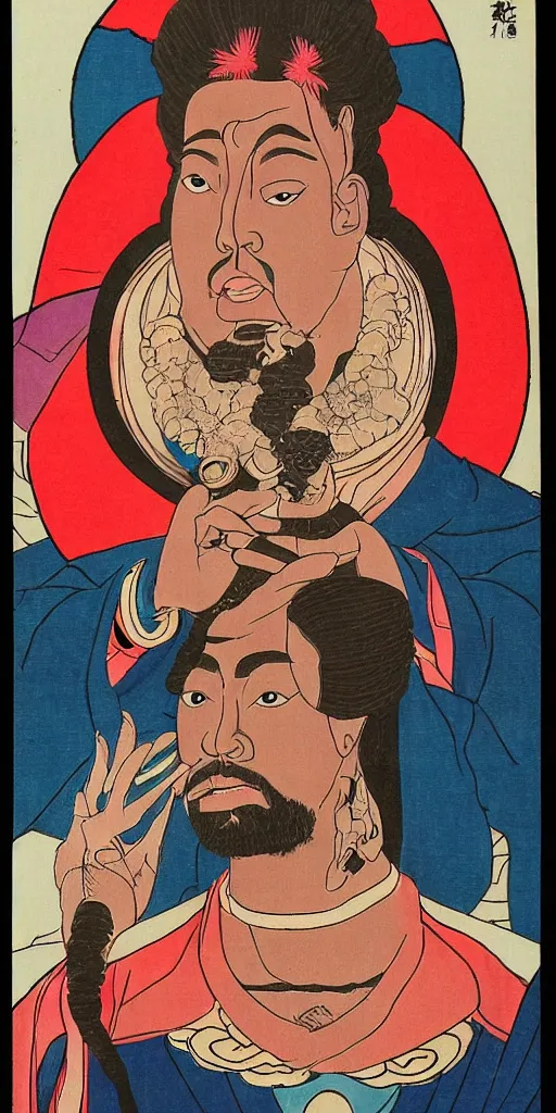 Prompt: a portrait of saint kanye west, kabuki makeup, eating a giant psychedelic mushroom, ukio-e style, symmetrical