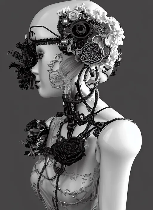 Prompt: black and white dreamy foggy poetic smoky profile face portrait, one silver steampunk realistic eye biomechanical beautiful angelic young female cyborg - robot bust, body ribs meshes,, volumetric light, hibiscus flowers, rim light, big gothic fashion pearl embroidered collar, 1 9 3 0, 8 k