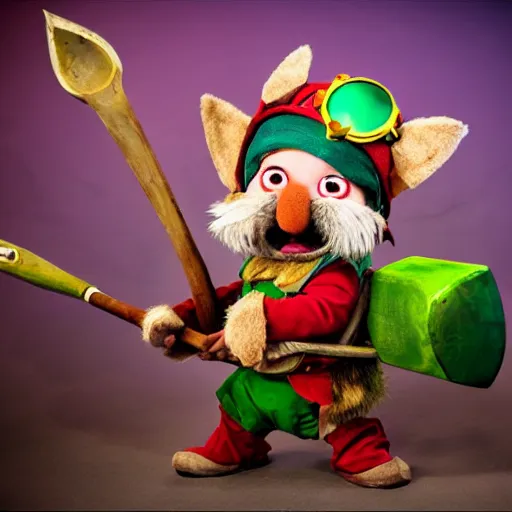 Prompt: still of Teemo from League of Legends in the style of Jim Henson, wearing goggles and wielding an axe