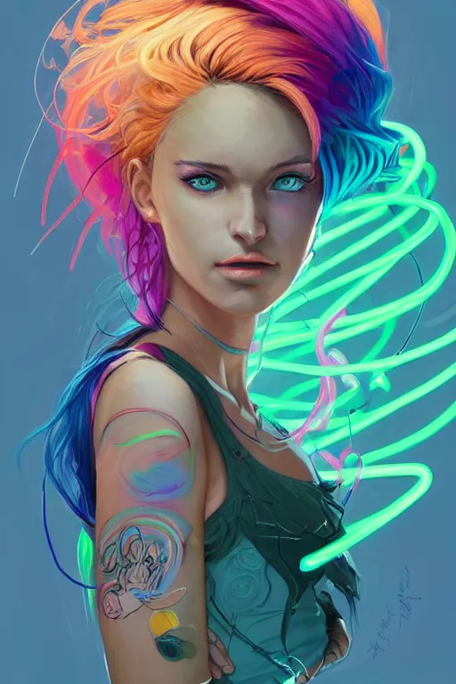 Image similar to a award winning portrait of a beautiful woman with stunning eyes in a one off shoulder croptop and cargo pants with rainbow colored hair, outlined by whirling illuminated neon lines and fine lines swirling in circles by jesper ejsing and rhads and makoto and shinkai and lois van baarle, digital art, trending on artstation