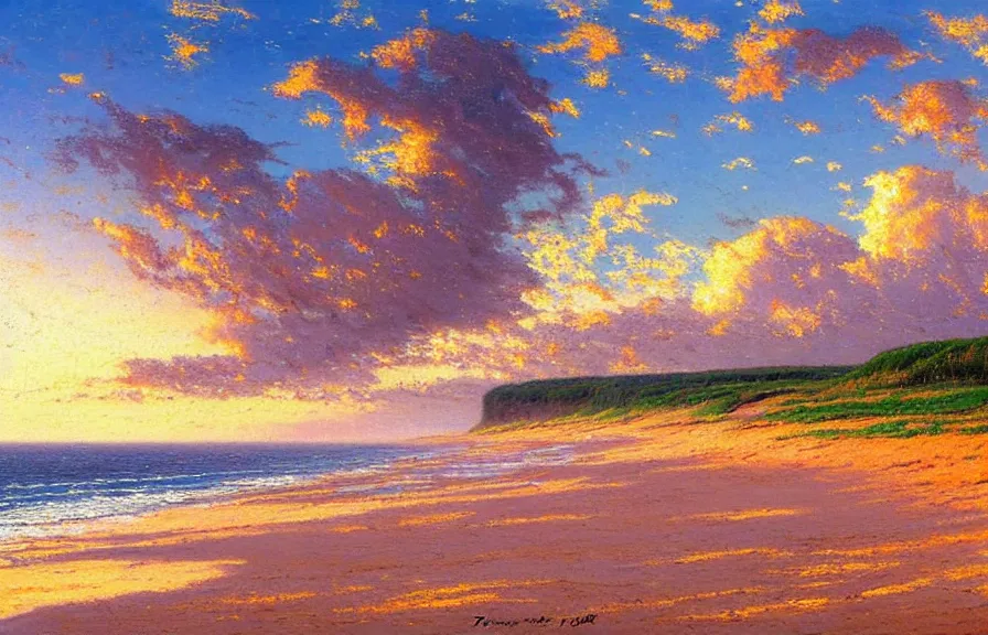Prompt: Oil landscape of the beaches of Prince Edward Island, Canada, by Thomas Kinkade. PEI, Canada, Prince Edward Island beautiful beach landscape painting