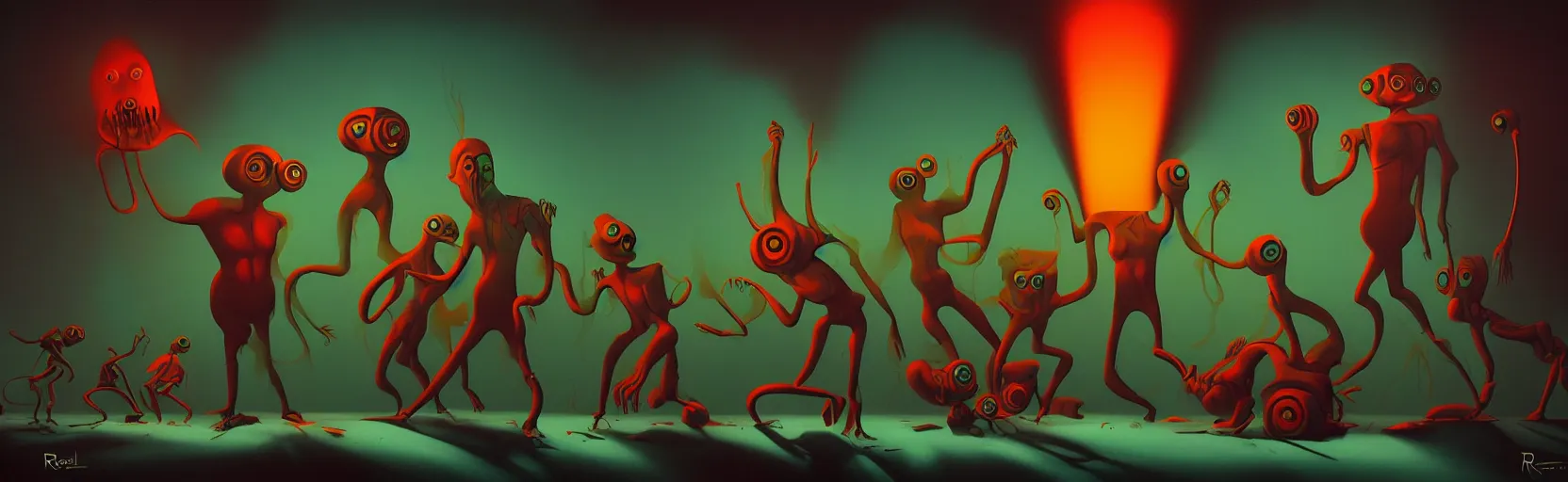 Image similar to uncanny repressed mutants from the depths of a vast wasteland in the collective unconscious, dramatic lighting, surreal dark 1 9 3 0 s fleischer cartoon characters, surreal painting by ronny khalil