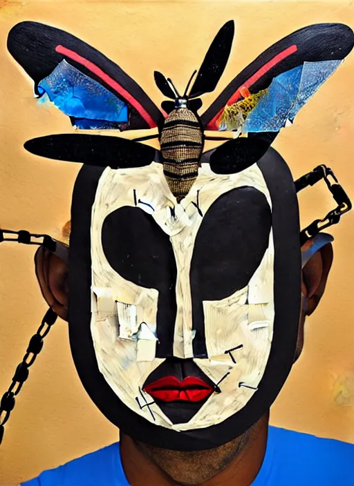 Image similar to a man with a moth mask, cardboard and scotch tape, chain, collage, acrylic on canvas, expressionism movement, breathtaking detailed, by blake neubert