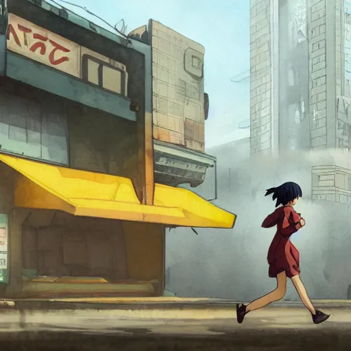 Image similar to incredible wide screenshot, ultrawide, simple watercolor, rough paper texture, ghost in the shell movie scene, backlit distant shot of girl in a parka running from a giant robot invasion side view, yellow parasol in deserted dusty shinjuku junk town, broken vending machines, bold graphic graffiti, old pawn shop, bright sun bleached ground, mud, fog, dust, windy, scary robot monster lurks in the background, ghost mask, teeth, animatronic, black smoke, pale beige sky, junk tv, texture, brown mud, dust, tangled overhead wires, telephone pole, dusty, dry, pencil marks, genius party,shinjuku, koji morimoto, katsuya terada, masamune shirow, tatsuyuki tanaka hd, 4k, remaster, dynamic camera angle, deep 3 point perspective, fish eye, dynamic scene