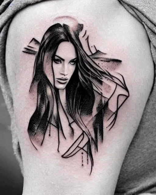 Image similar to creative double exposure effect tattoo design sketch of megan fox faded in beautiful mountain scenery, realism tattoo, in the style of matteo pasqualin, amazing detail, sharp