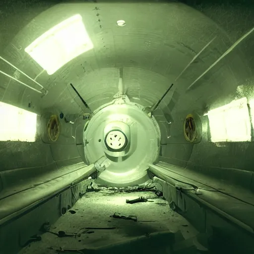 Image similar to Concept art, inside an narrow and dark room of an empty ussr submarine, messy, foggy, littles light shafts coming from bullet holes, 8k, cinematic, high details, neat