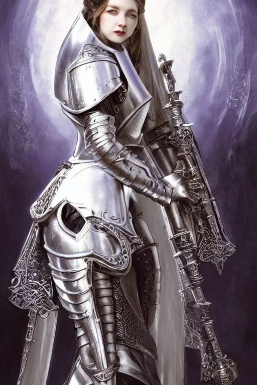 Image similar to beautiful luxury and evil and victorian and supernatural young female medieval white armor knight portrait+smoky eyes+front face with light flowing hair, ultradetail face, ruined gothic cathedral, art and illustration by tian zi and craig mullins and WLOP and alphonse mucha, ssci-fi, fantasy, intricate complexity, human structure, hypermaximalist, fantasy character concept, dynamic lighting, neon light, watermark, blurry, hyperrealism 8k