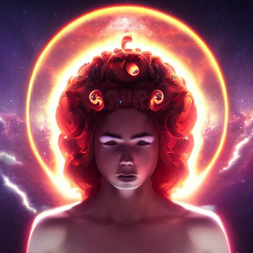 Image similar to Medusa caught by a ring of fire, red eyes, galaxy background, symmetric, dramatic lighting, hyperrealistic, unreal engine, highly detailed,