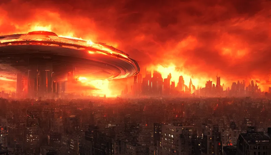 Image similar to humongous ufo upon destroyed new - york city, sky on fire, demolition, hyperdetailed, artstation, cgsociety, 8 k