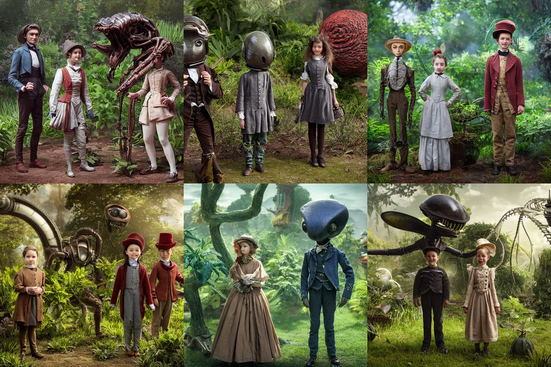 Prompt: detailed, sharp, a girl and a boy standing next to some alien plants, looking happy, wearing 1840s era clothes, their small pet alien creature is standing nearby, in a park on an alien planet, steampunk, extremely highly detailed, hyperrealistic, still from a sci fi movie, 8k, HD, good lighting