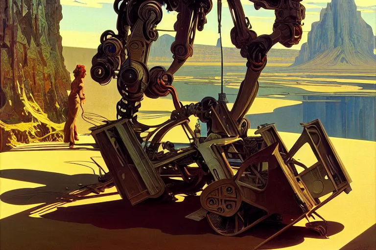 Image similar to natural american landscape | robot repairing another robot, painting by syd mead and weta studio, alphonso mucha, james jean, frank frazetta, highly detailed, rule of third, soft lighting, 8 k resolution, oil on canvas, architectural magazine, beautiful detailed, insanely intricate details, artstation trending, hypermaximalistic, high details, cinematic