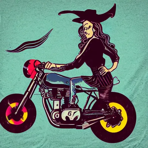 Prompt: a witch riding a cafe racer, retro colors, graphic tee shirt